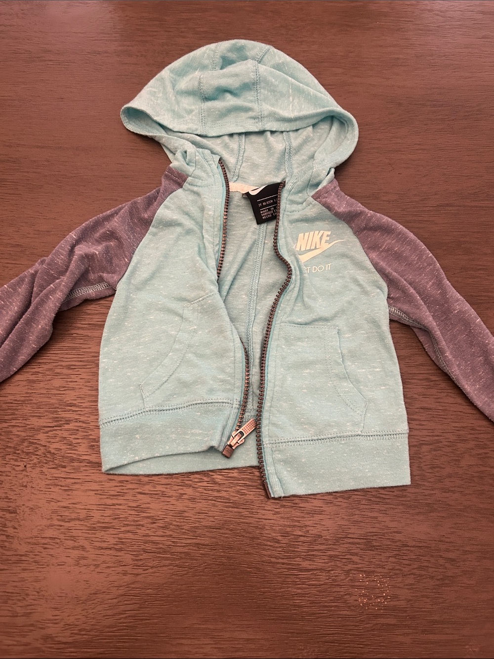 Nike Kids Hooded Zip Sweatshirt in Teal with blue Raglan Sleeves